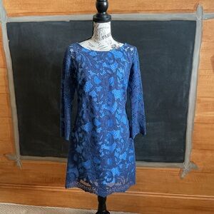 Lily Pulitzer size 2 lace overlay cobalt blue lg sleeve short dress w/ back tie